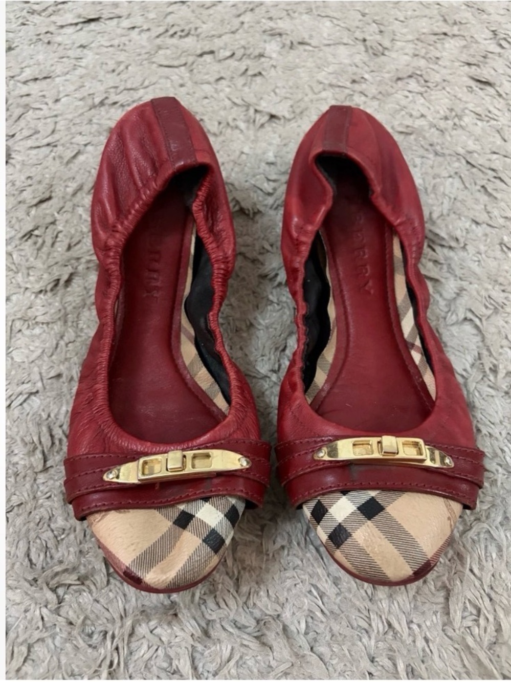 Burberry Red Leather Plaid Cap-Toe Ballet Flats with Gold Accent